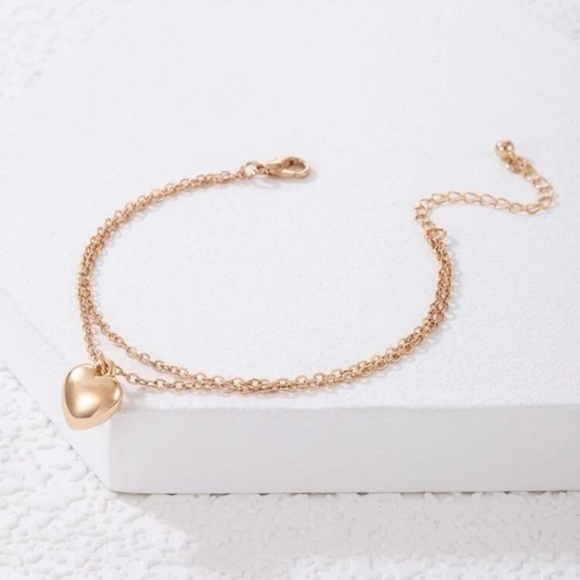 Heart Charm Layered Anklet Golden Chain - Picture 3 of 7